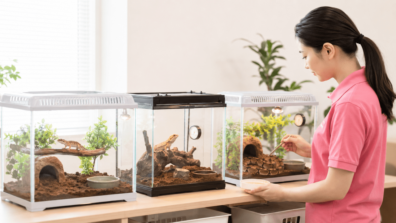 留守中の自宅で3つの飼育ケースにいる爬虫類のペットを確認するお世話代行のイメージ