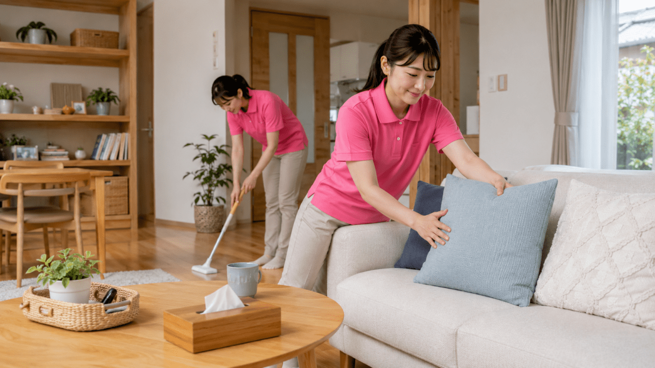留守番中に簡単な掃除や後片付けをするスタッフのイメージ