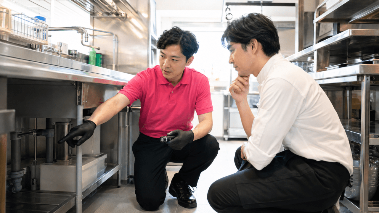飲食店の厨房で害虫の発生箇所を確認する便利屋スタッフと店舗責任者のイメージ