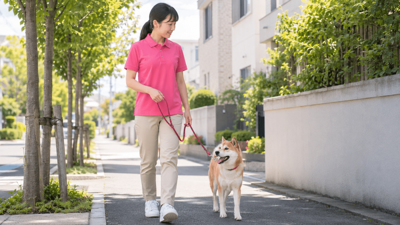 名古屋の住宅街で犬の散歩代行を行うスタッフのイメージ