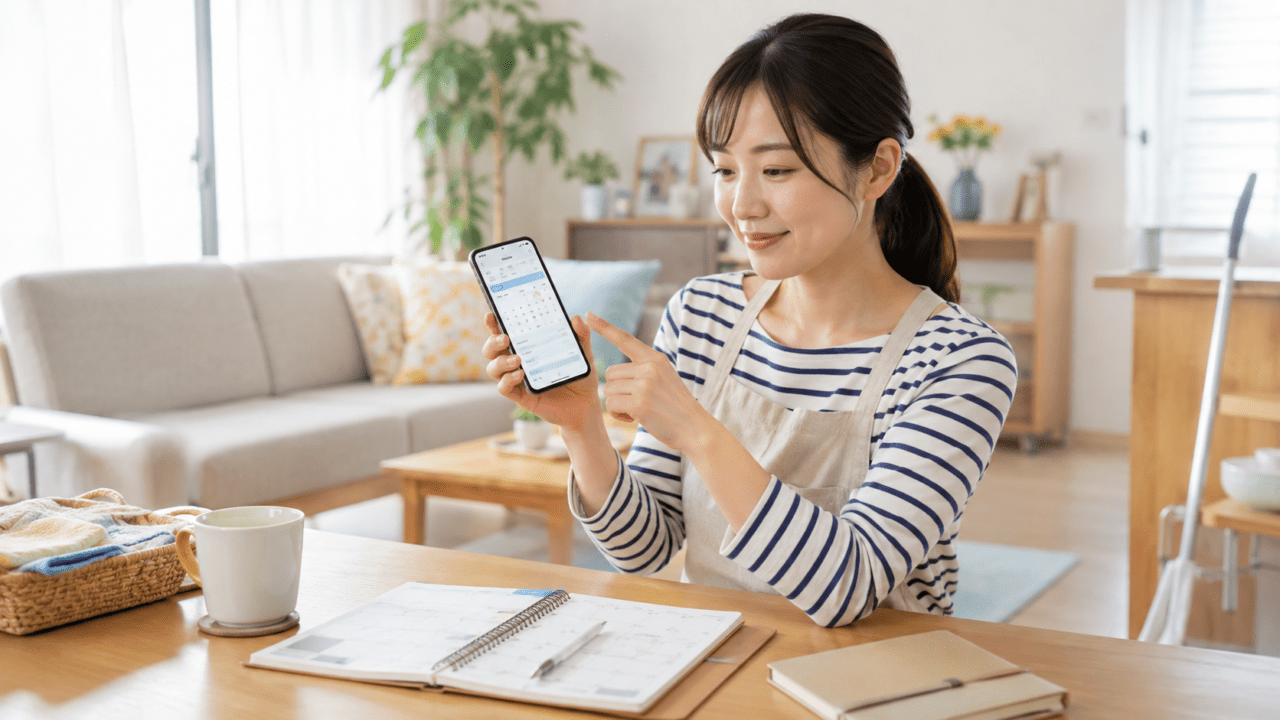 登録スタッフがLINEで便利屋の日時や仕事内容を確認するイメージ