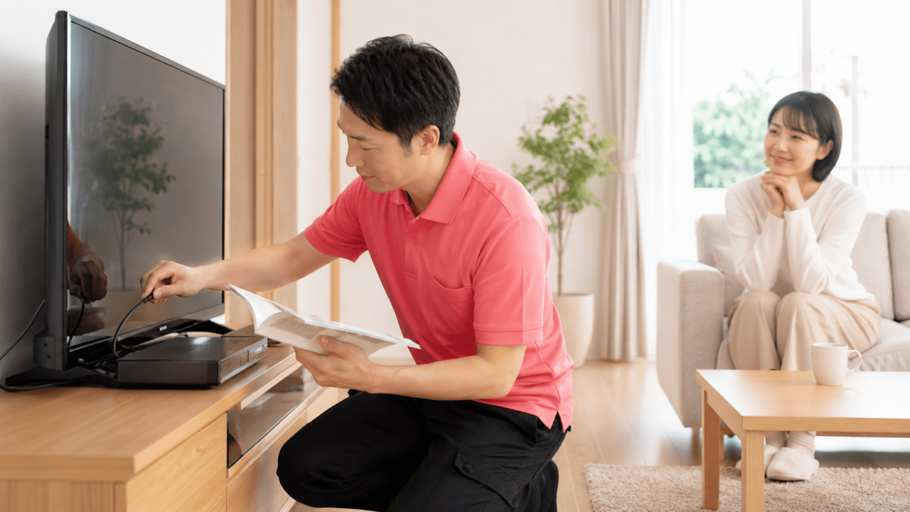 家庭でテレビと周辺機器を接続する家電取付スタッフのイメージ