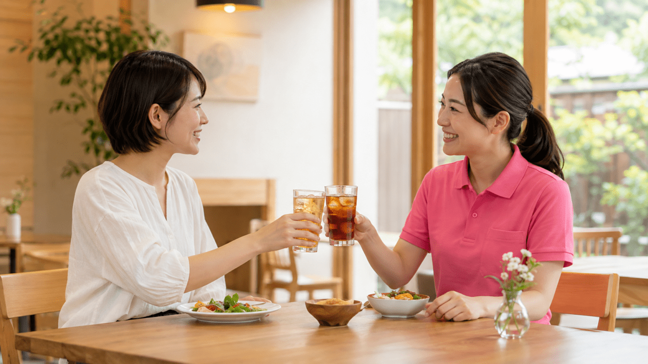 カフェで依頼者とスタッフが笑顔で乾杯しながら会話を楽しむ友達代行サービスのイメージ