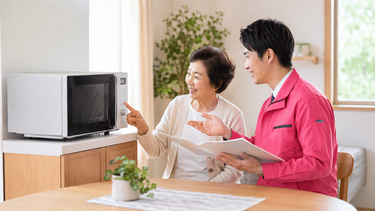 家電設置後に操作方法の説明を受ける利用者のイメージ