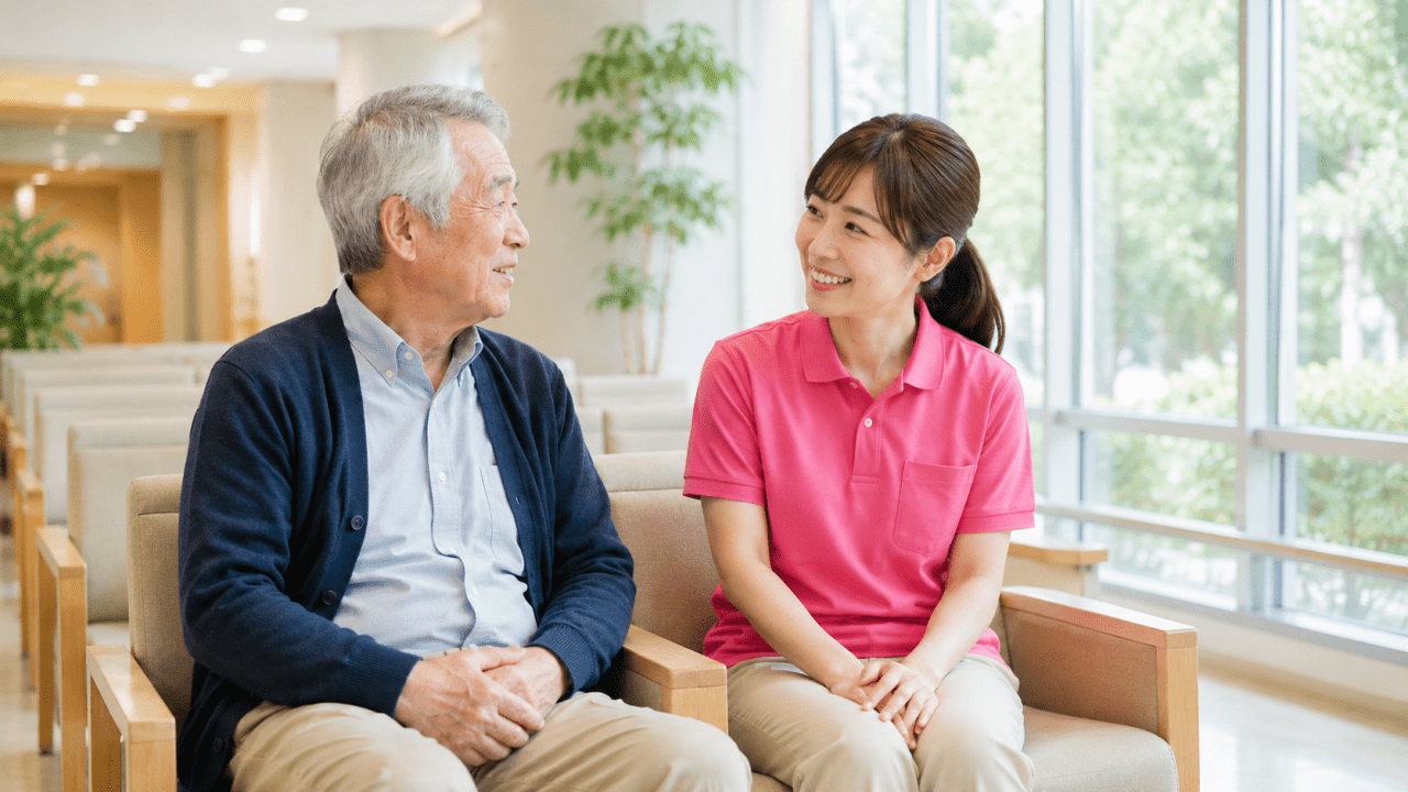病院の待合室で高齢者に付き添うスタッフのイメージ