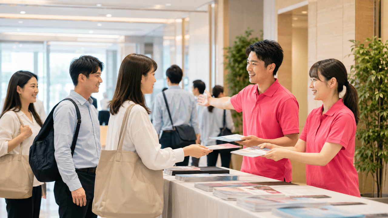 イベント会場の受付と参加者案内を補助するスタッフのイメージ