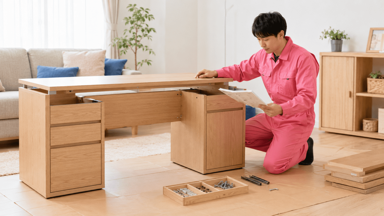 説明書を確認しながら木製デスクを組み立てるスタッフのイメージ