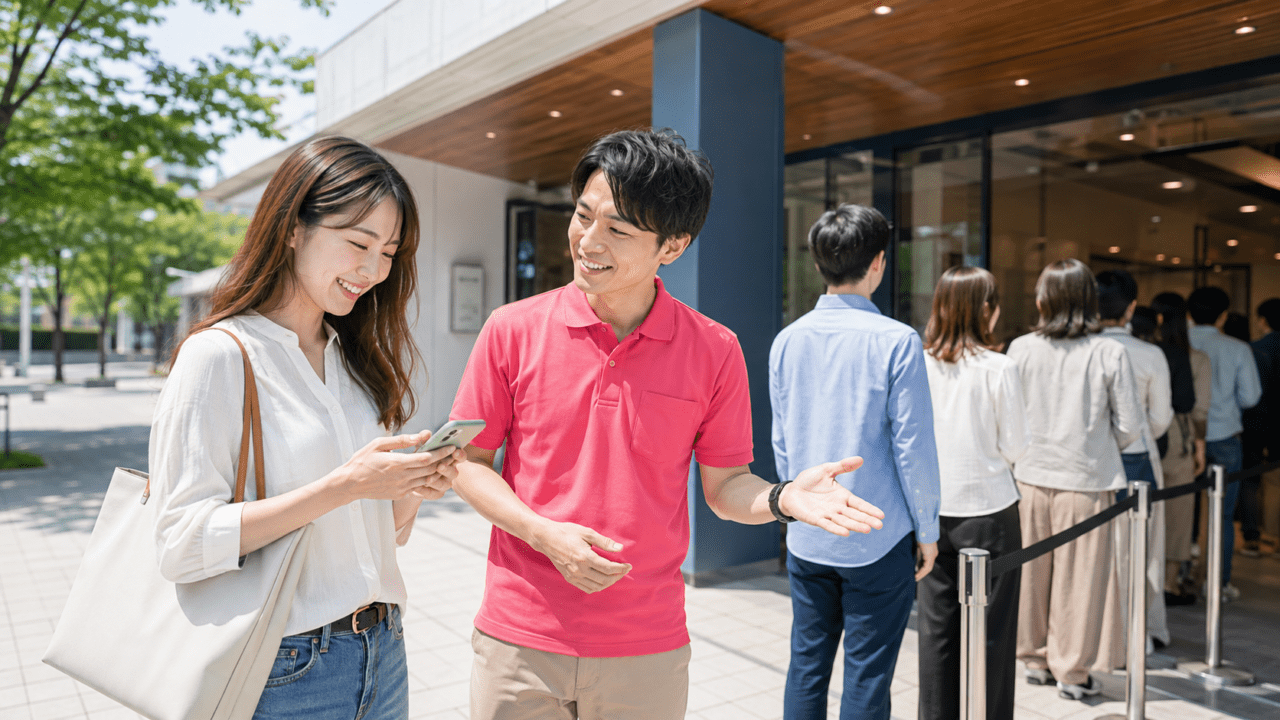 順番が近づき並び代行スタッフから説明を受ける依頼者のイメージ