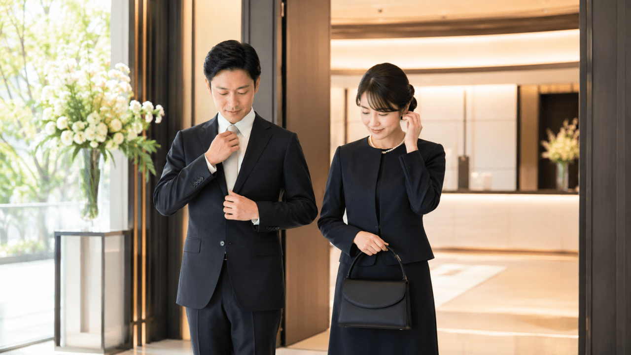 冠婚葬祭の会場へ礼儀正しい服装で代理出席するスタッフのイメージ